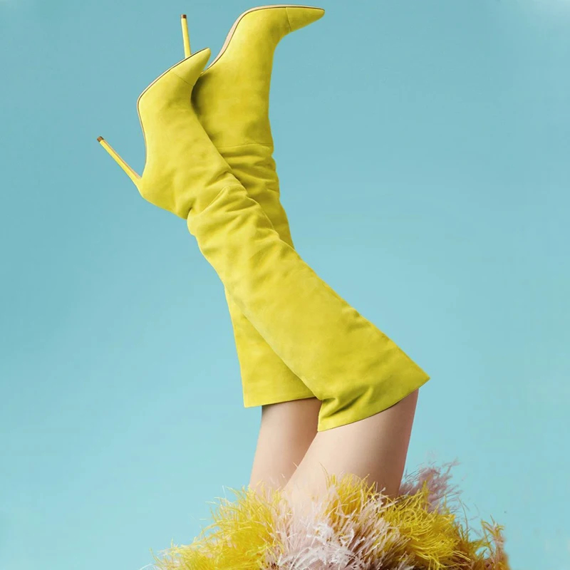 Woman Bright Lemon Yellow Suede High Heel Over Knee Boots Pointed Toe Loose Slip On Thigh Boots Street Fashion Knight Boots
Woman Bright Lemon Yellow Suede High Heel Over Knee Boots Pointed Toe Loose Slip On Thigh Boots Street Fashion Knight Boots
