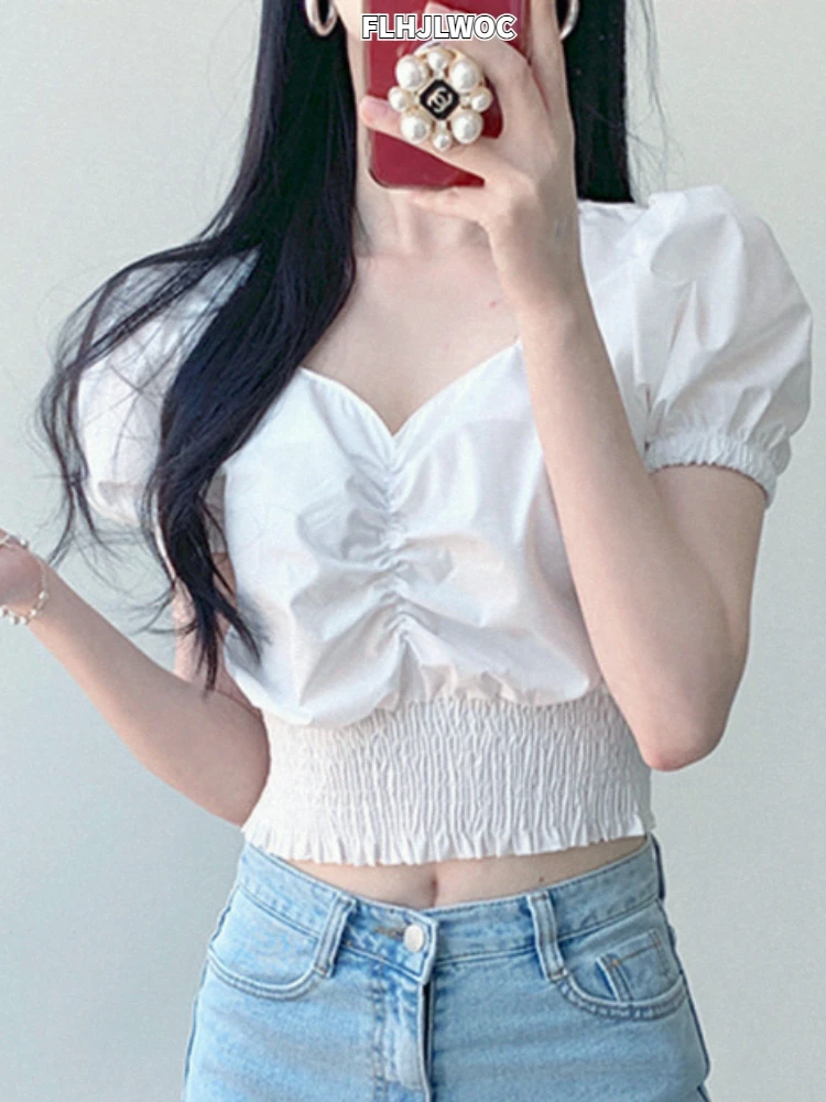 Cotton Short Crop Top Woman Fashion Korea Japan Clothes Style Design Black White Draped Sexy Elastic Waist Slim Fit Blouse Shirt
Cotton Short Crop Top Woman Fashion Korea Japan Clothes Style Design Black White Draped Sexy Elastic Waist Slim Fit Blouse Shirt