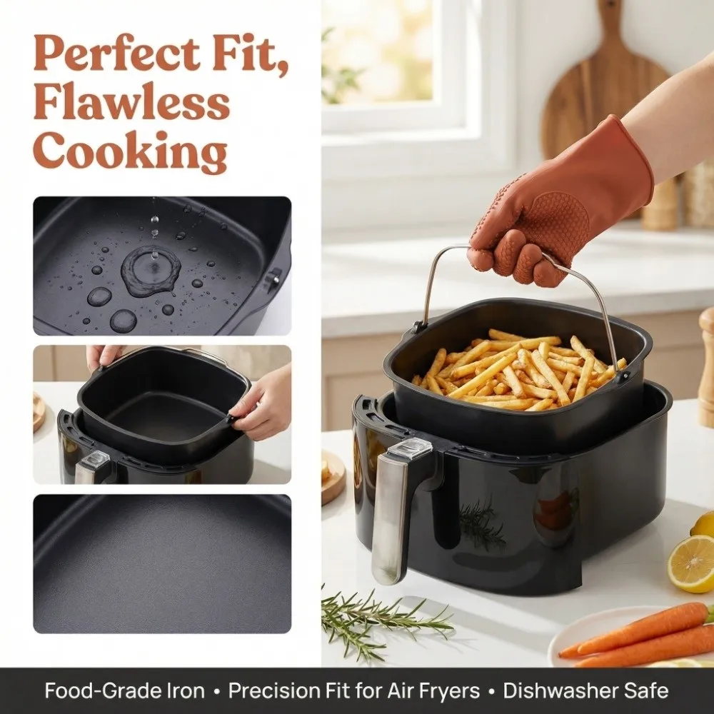 Iron Air Fryer Baking Pan Stainless Steel Handle Non-Stick Square Air Fryer Pan Food Grade Dishwasher Safe Cake Barrel
Iron Air Fryer Baking Pan Stainless Steel Handle Non-Stick Square Air Fryer Pan Food Grade Dishwasher Safe Cake Barrel