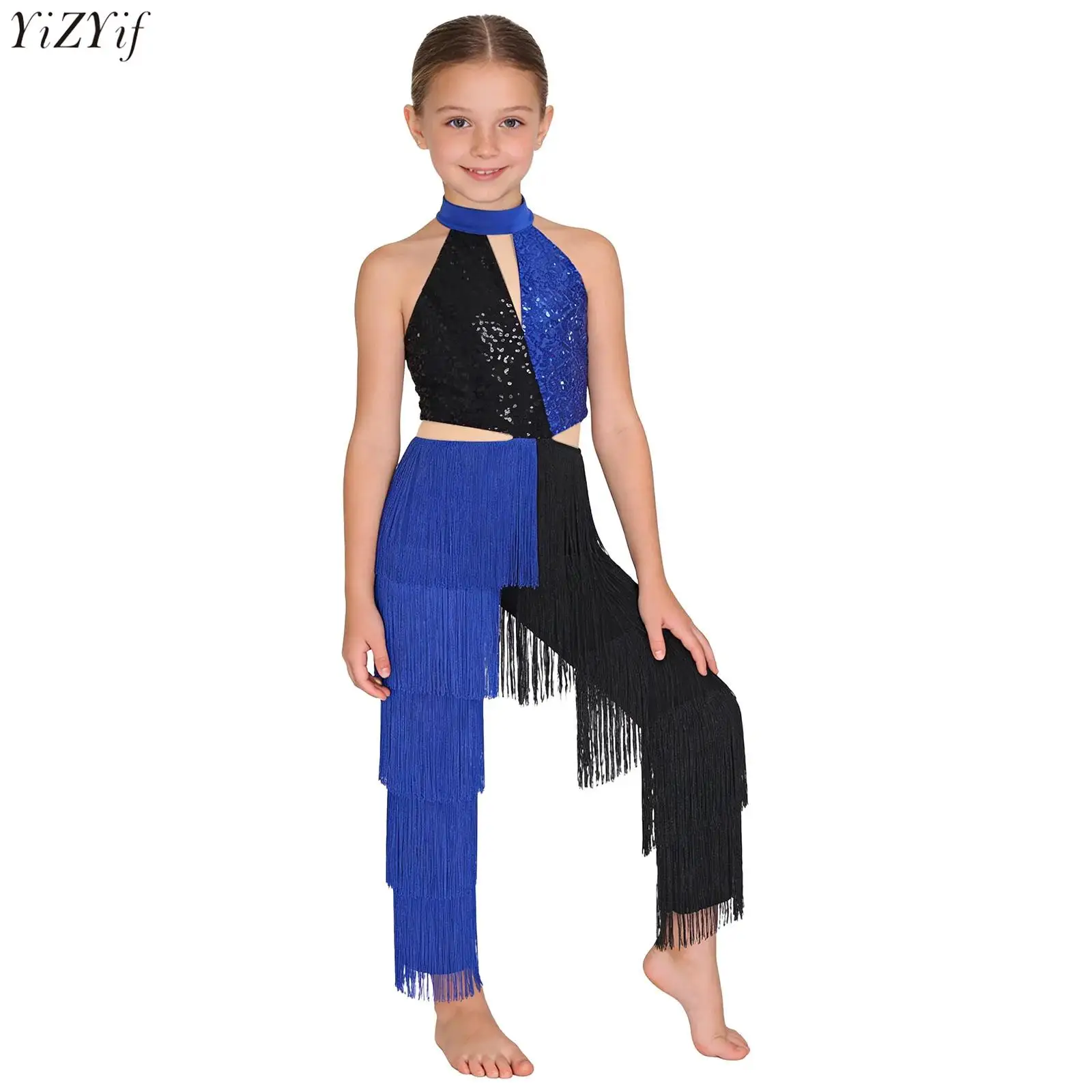 Kids Girls Latin Dance Costume Sequin Tassel Color Block Jumpsuit Halter Cutout Back Bodysuit Disco Party Performance Dancewear
Kids Girls Latin Dance Costume Sequin Tassel Color Block Jumpsuit Halter Cutout Back Bodysuit Disco Party Performance Dancewear