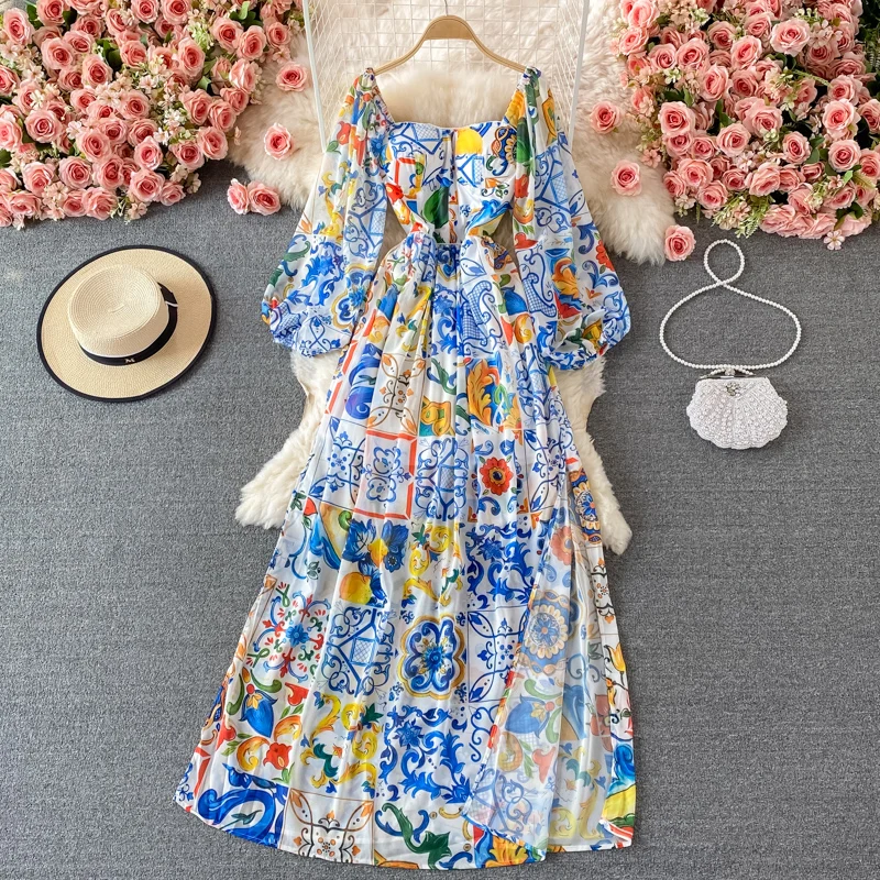 Fashion 2021 Fashion Designer Boho Maxi Dress Women's Long Lantern Sleeve Blue and white porcelain Floral Print Party Long Dress
Fashion 2021 Fashion Designer Boho Maxi Dress Women's Long Lantern Sleeve Blue and white porcelain Floral Print Party Long Dress