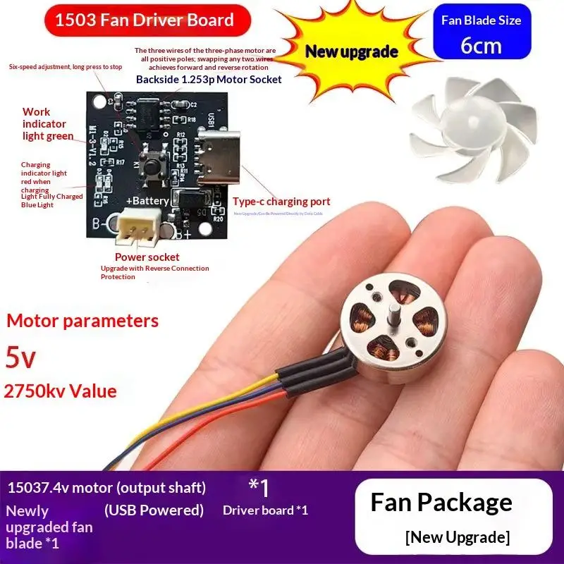 1503 Brushless Motor Fan Kit With 6cm Blade Driver Board Type C USB Powered 6 Speed Adjustable For DIY RC FPV Drone Quadcopter
1503 Brushless Motor Fan Kit With 6cm Blade Driver Board Type C USB Powered 6 Speed Adjustable For DIY RC FPV Drone Quadcopter