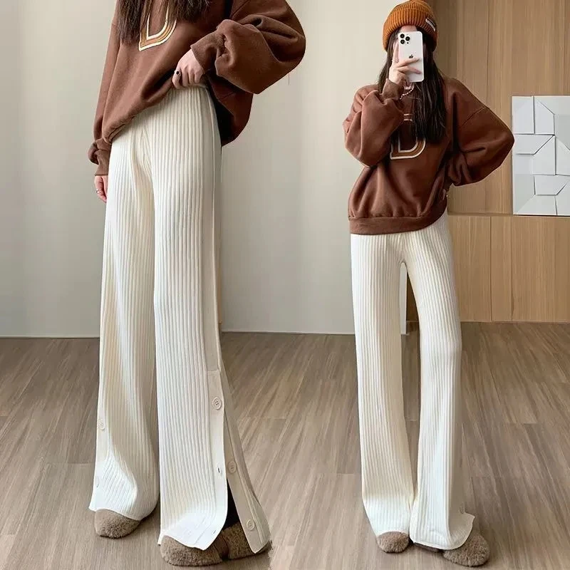 Knitted Wide-Leg Pants With Split Buttons Women Autumn Winter High Waist Versatile Loose Pants Straight Casual Comfortable Pant
Knitted Wide-Leg Pants With Split Buttons Women Autumn Winter High Waist Versatile Loose Pants Straight Casual Comfortable Pant