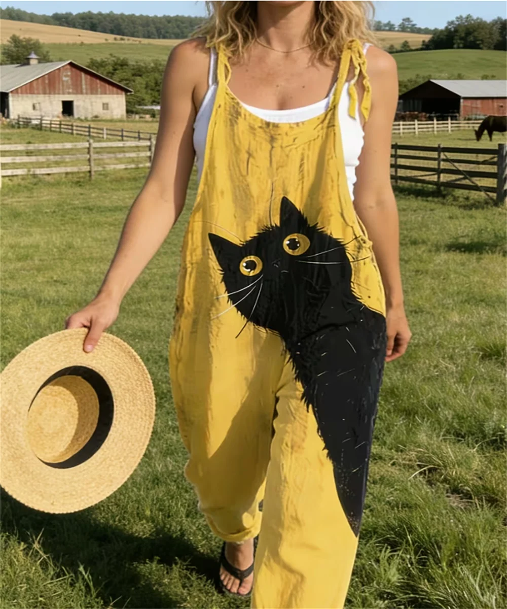 Ladies' new bright ginger yellow and black cat print women's comfortable jumpsuit, off shoulder sleeveless loose jumpsuit
Ladies' new bright ginger yellow and black cat print women's comfortable jumpsuit, off shoulder sleeveless loose jumpsuit