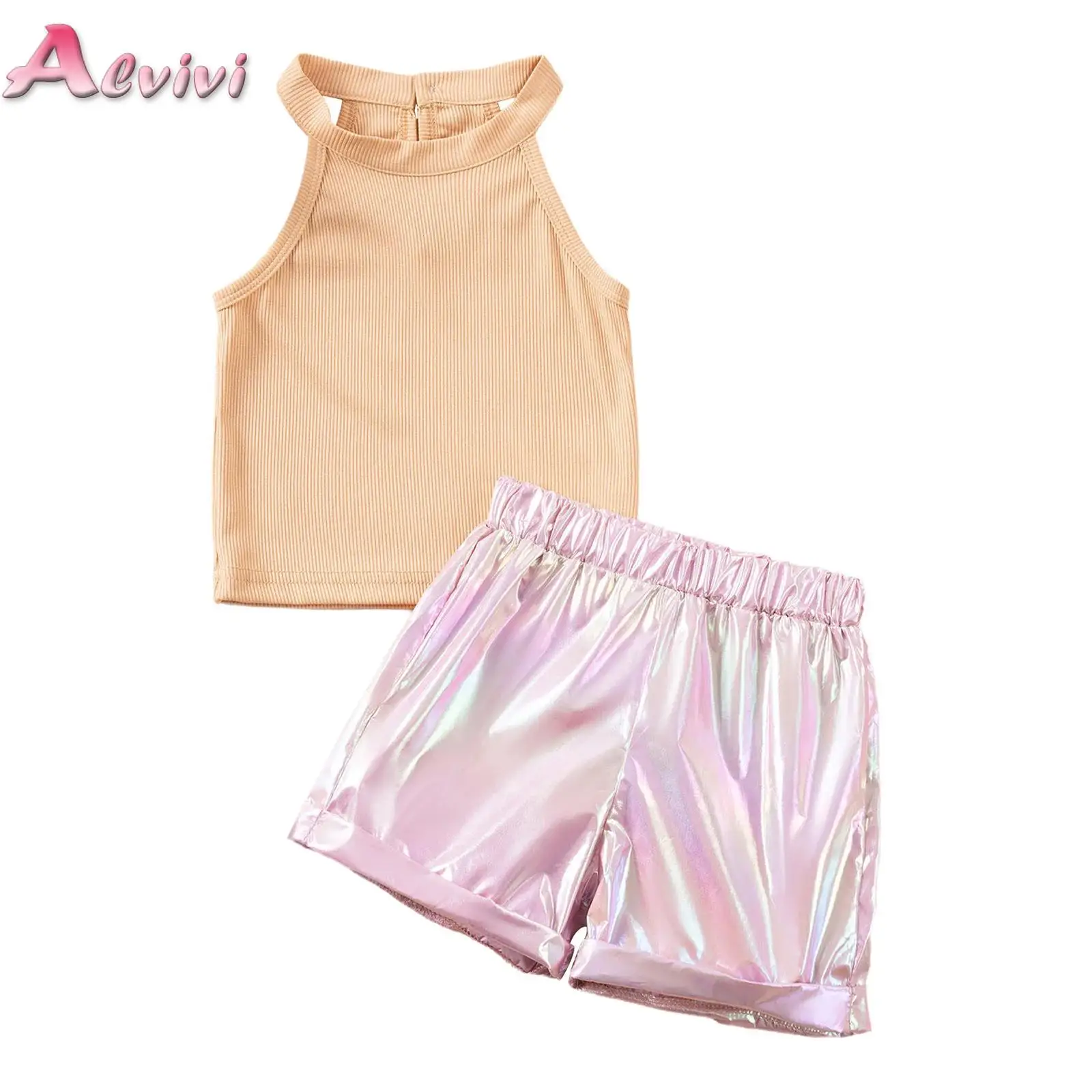 Kids Girls 2-Piece Outfit Sleeveless Halter Ribbed Crop Top+Elastic Waistband Metallic Shorts for Birthday Vacation Travel Beach
Kids Girls 2-Piece Outfit Sleeveless Halter Ribbed Crop Top+Elastic Waistband Metallic Shorts for Birthday Vacation Travel Beach