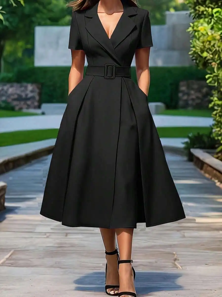 Elegant Short Sleeve A-Line Dress With Lapel Collar And Waist Belt
Elegant Short Sleeve A-Line Dress With Lapel Collar And Waist Belt
