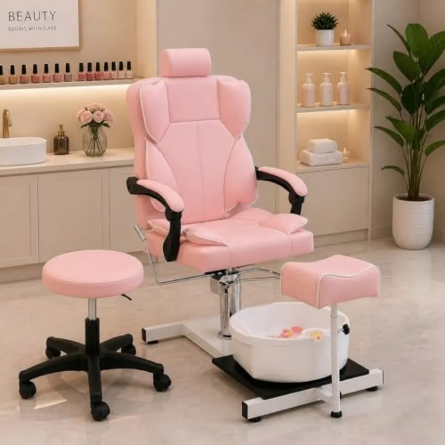 Hydraulic Pedicure Spa Chair Set in Pink, PU Leather, with Foot Tub, Technician Stool and Foot Rest, Modern Salon Spa Style
Hydraulic Pedicure Spa Chair Set in Pink, PU Leather, with Foot Tub, Technician Stool and Foot Rest, Modern Salon Spa Style