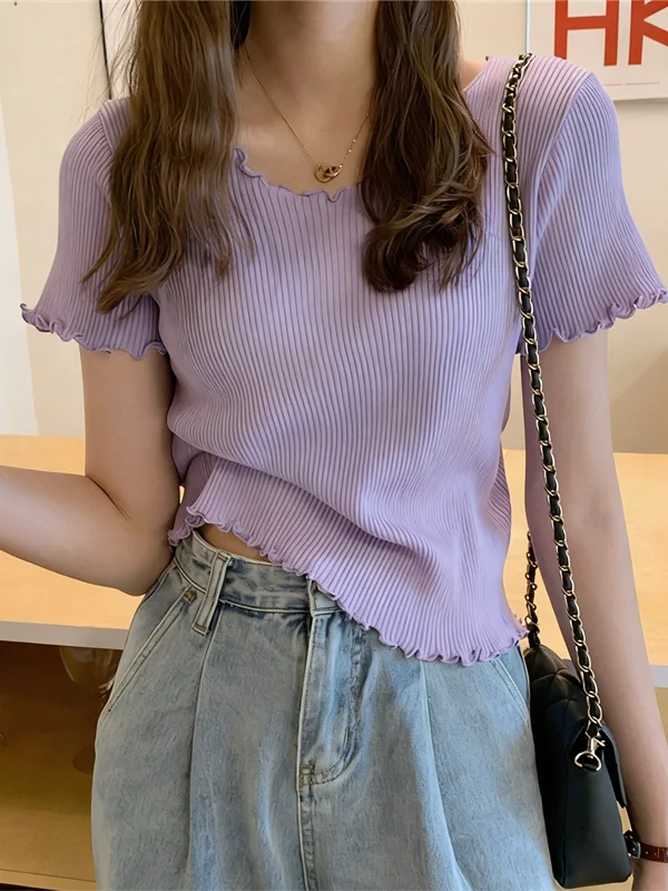 Purple Knitted Short Sleeve T-Shirt Women's Summer Slim Fit Short Length Fashionable round Neck Top with Wood Grain Ruffle
Purple Knitted Short Sleeve T-Shirt Women's Summer Slim Fit Short Length Fashionable round Neck Top with Wood Grain Ruffle