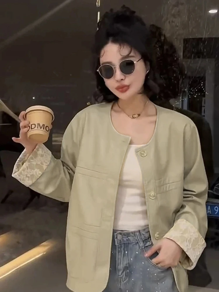 Женская кожаная куртка Ele с кружевными вставками, свободного кроя, модная, весна 2025, дизайнерская, для повседневной носки, с круглым вырезом
Женская кожаная куртка Ele с кружевными вставками, свободного кроя, модная, весна 2025, дизайнерская, для повседневной носки, с круглым вырезом