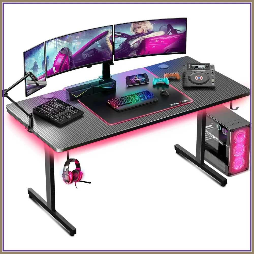 55" Gaming Desk with LED Lights, Large Computer Desk with Mouse Pad for Home Office, T-Shaped Carbon Fiber Surface
55" Gaming Desk with LED Lights, Large Computer Desk with Mouse Pad for Home Office, T-Shaped Carbon Fiber Surface