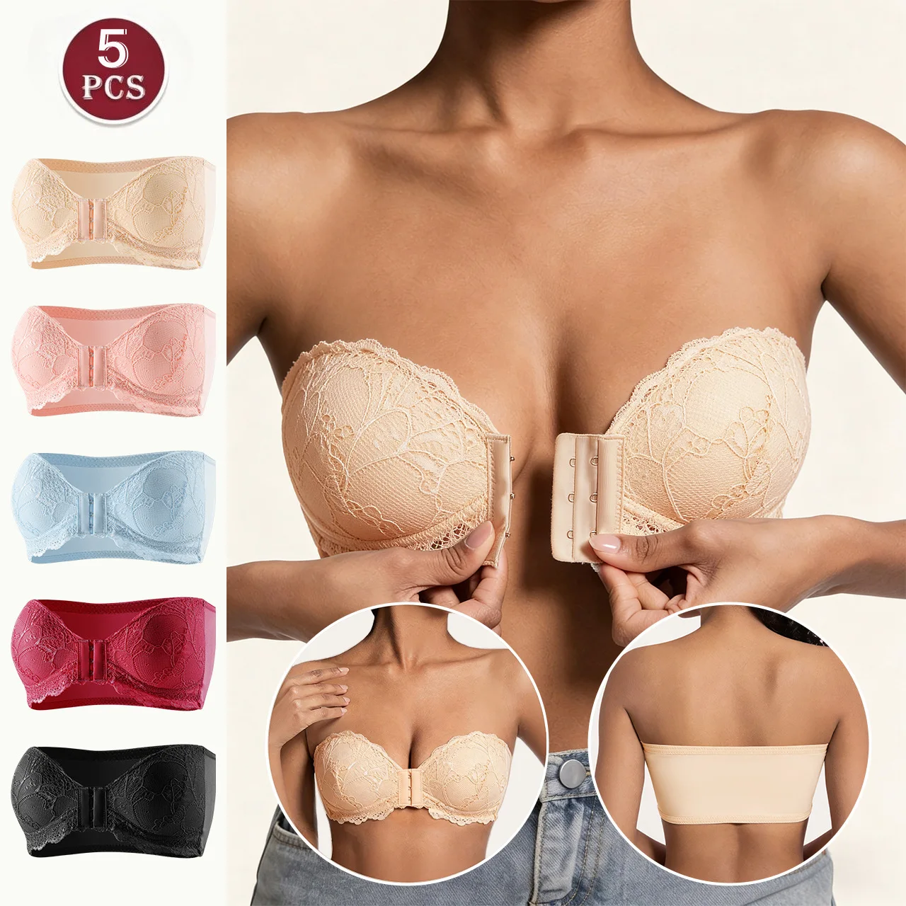 5 Pack Strapless Wireless Women Bra, Front Buckle Non-Slip Push Up Adjustable Support Shaping Bralette for Cross-Border Foreign
5 Pack Strapless Wireless Women Bra, Front Buckle Non-Slip Push Up Adjustable Support Shaping Bralette for Cross-Border Foreign