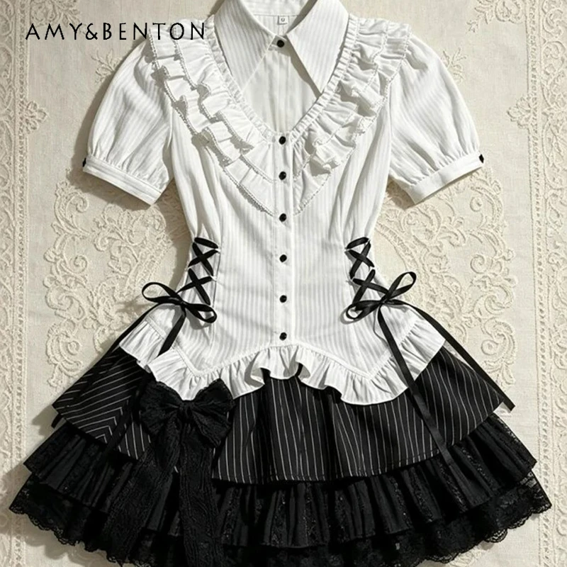 Gothic Lolita Ruffle Strappy Women's Shirt 2026 New Design Black Sweet Cool Bow Lace Splicing Striped Short Skirts Suits Ladies
Gothic Lolita Ruffle Strappy Women's Shirt 2026 New Design Black Sweet Cool Bow Lace Splicing Striped Short Skirts Suits Ladies