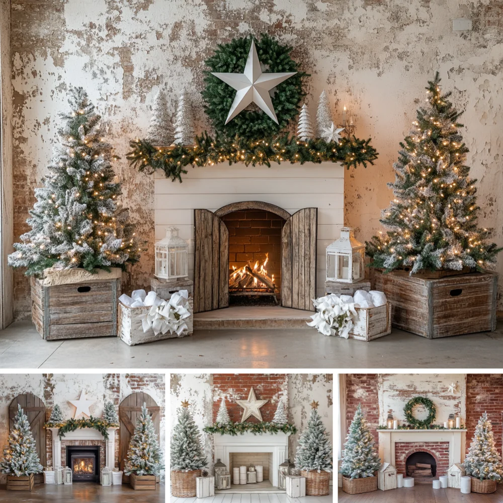 White Fireplace Christmas Backdrop Large Silver Star Wreath Pine Garland Flocked Pine Tree Wooden Crate Lantern Shoot Background
White Fireplace Christmas Backdrop Large Silver Star Wreath Pine Garland Flocked Pine Tree Wooden Crate Lantern Shoot Background