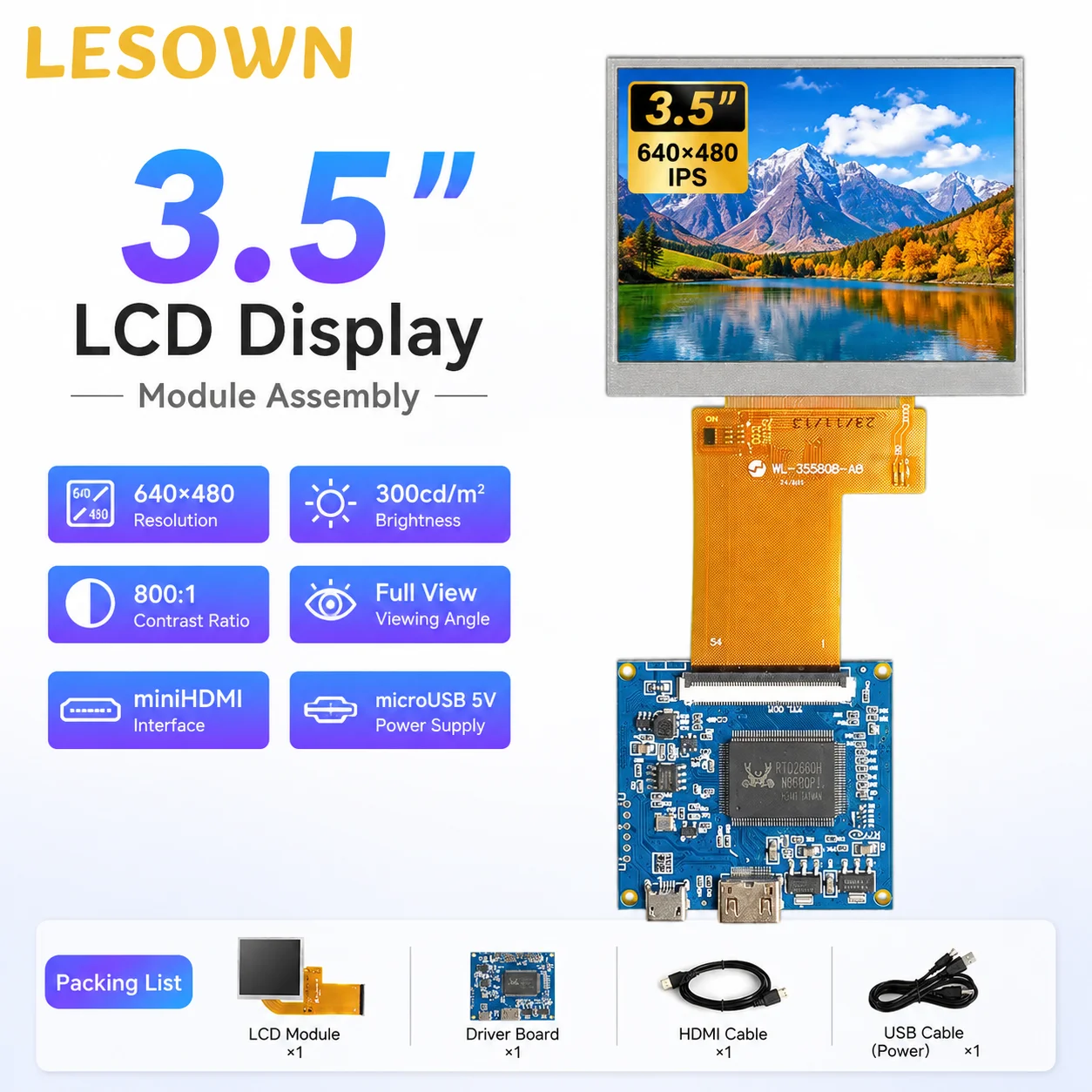 LESOWN 3.5in Monitor LCD Plug-in Ready 4:3 Screen Module 300cd/m2 with MicroUSB for Instrument Display
LESOWN 3.5in Monitor LCD Plug-in Ready 4:3 Screen Module 300cd/m2 with MicroUSB for Instrument Display