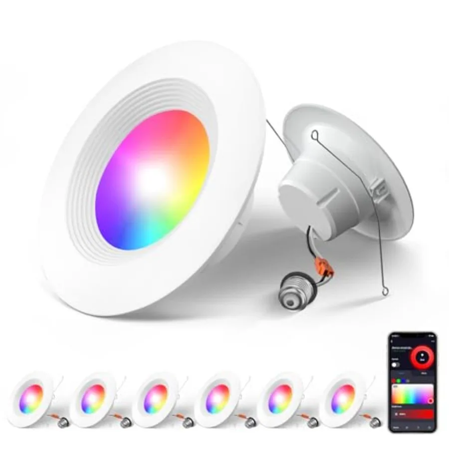 Комплект из 6 умных встраиваемых светодиодных светильников Wi-Fi 5/6 дюймов, RGBCW, с изменением цвета, для замены существующих встраиваемых светильников, с декоративной рамкой, управление через приложение, диммируемые
Комплект из 6 умных встраиваемых светодиодных светильников Wi-Fi 5/6 дюймов, RGBCW, с изменением цвета, для замены существующих встраиваемых светильников, с декоративной рамкой, управление через приложение, диммируемые