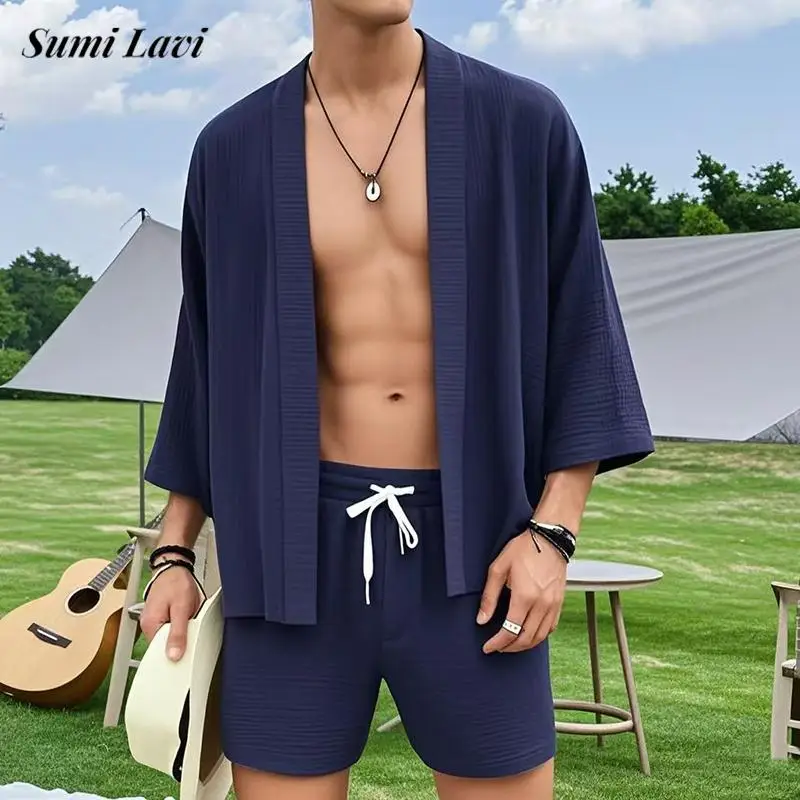 Daily Casual Loose Cardigan Two Piece Mens Outfits Summer Fashion Solid Color 3/4 Sleeve Tops And Shorts Sets Men Vintage Suits
Daily Casual Loose Cardigan Two Piece Mens Outfits Summer Fashion Solid Color 3/4 Sleeve Tops And Shorts Sets Men Vintage Suits