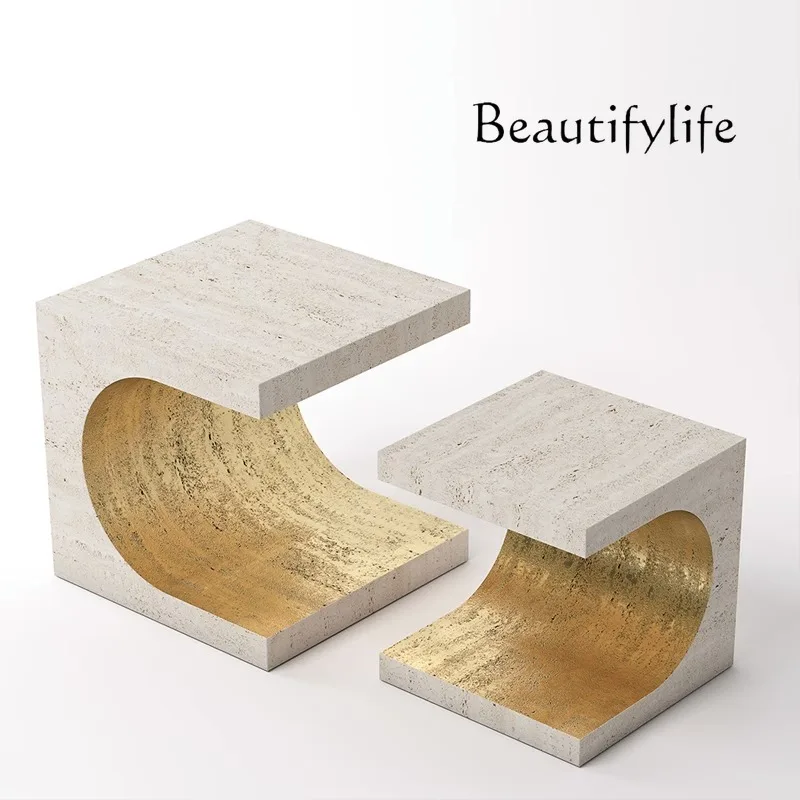 Natural yellow travertine side table, Nordic designer high-end living room light luxury corner table
Natural yellow travertine side table, Nordic designer high-end living room light luxury corner table