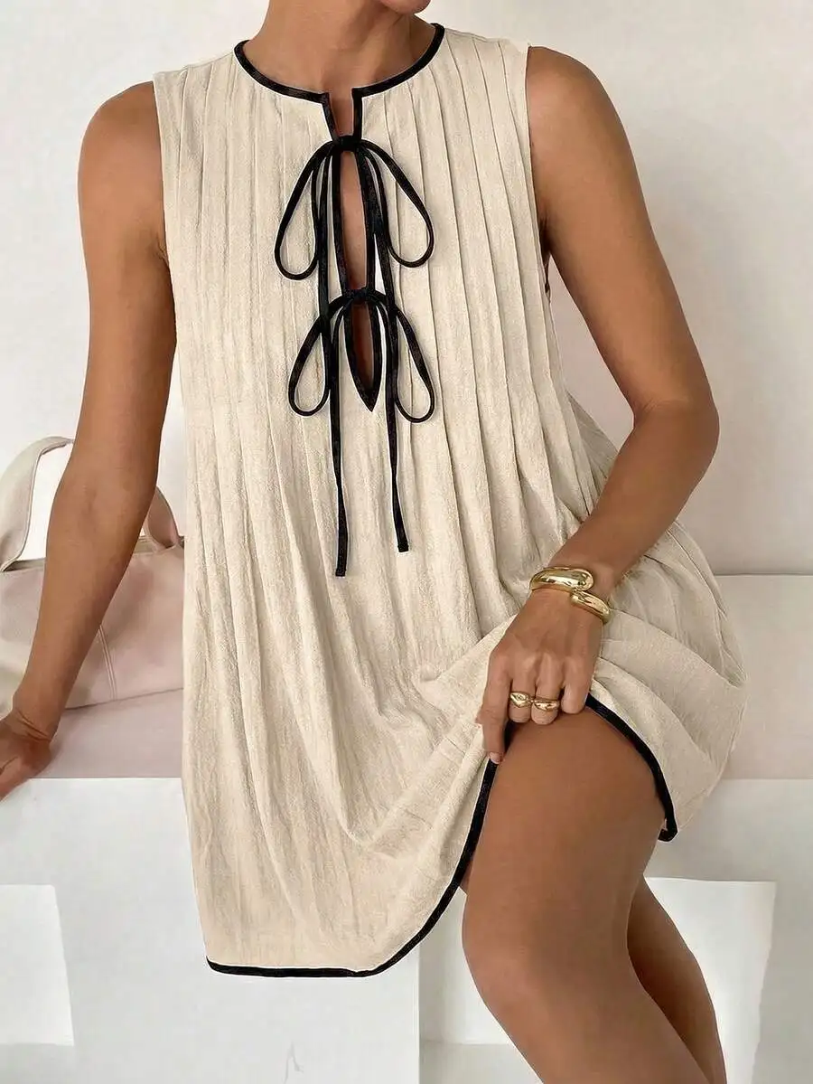 Cream Sleeveless Mini Dress With Black Trim And Tie Front Casual Summer Dress
Cream Sleeveless Mini Dress With Black Trim And Tie Front Casual Summer Dress