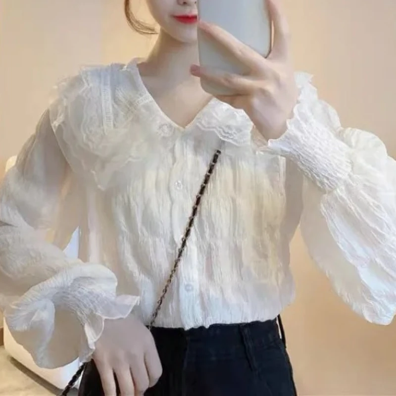 Sweety Peter Pan Collar Chiffon White Ruffled Petal Long Sleeve Shirt Female Autumn Spring Shirt Chic Long Sleeve Tops Blouse
Sweety Peter Pan Collar Chiffon White Ruffled Petal Long Sleeve Shirt Female Autumn Spring Shirt Chic Long Sleeve Tops Blouse
