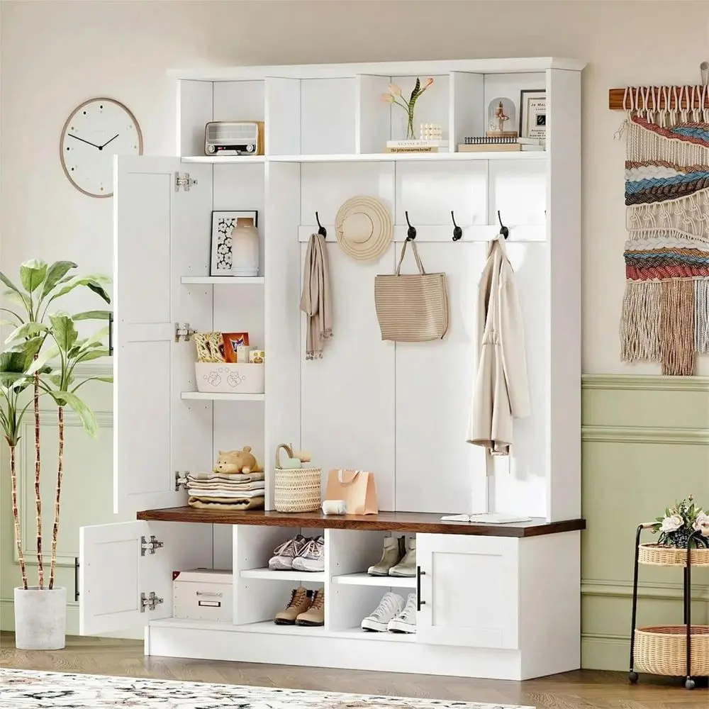 Wooden Hall Tree with 6 Hooks, Shoe Bench, and Mudroom Storage Organizer with Cabinet and Shelves, White
Wooden Hall Tree with 6 Hooks, Shoe Bench, and Mudroom Storage Organizer with Cabinet and Shelves, White