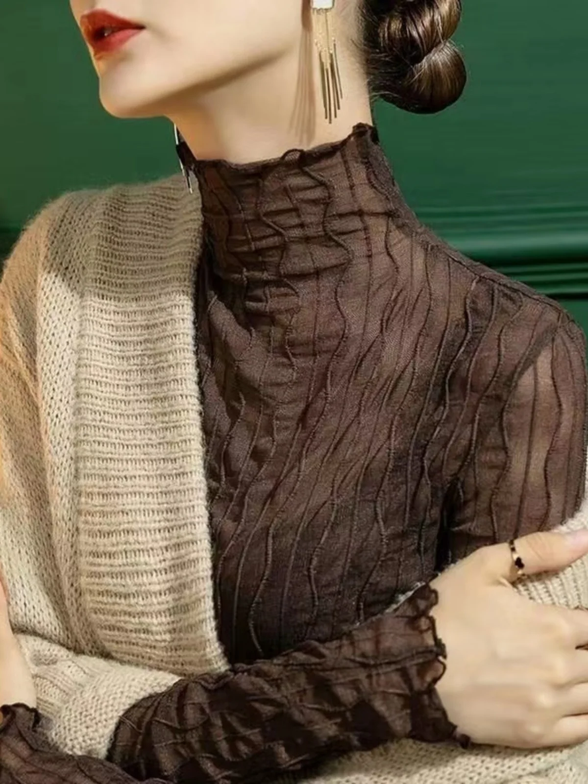 French Style Long Sleeve Lace Base Shirt Women's Mesh Top High Collar Transparent Design Sexy Coffee Color Thin Fabric Inner ...
French Style Long Sleeve Lace Base Shirt Women's Mesh Top High Collar Transparent Design Sexy Coffee Color Thin Fabric Inner ...