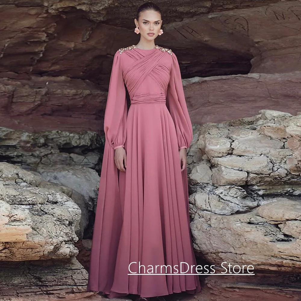 Modern Arabian Prom Dress Customized Round Neck Puff Sleeves Crystal Pleat Draped A Line Evening Gown فساتين سهرة
Modern Arabian Prom Dress Customized Round Neck Puff Sleeves Crystal Pleat Draped A Line Evening Gown فساتين سهرة