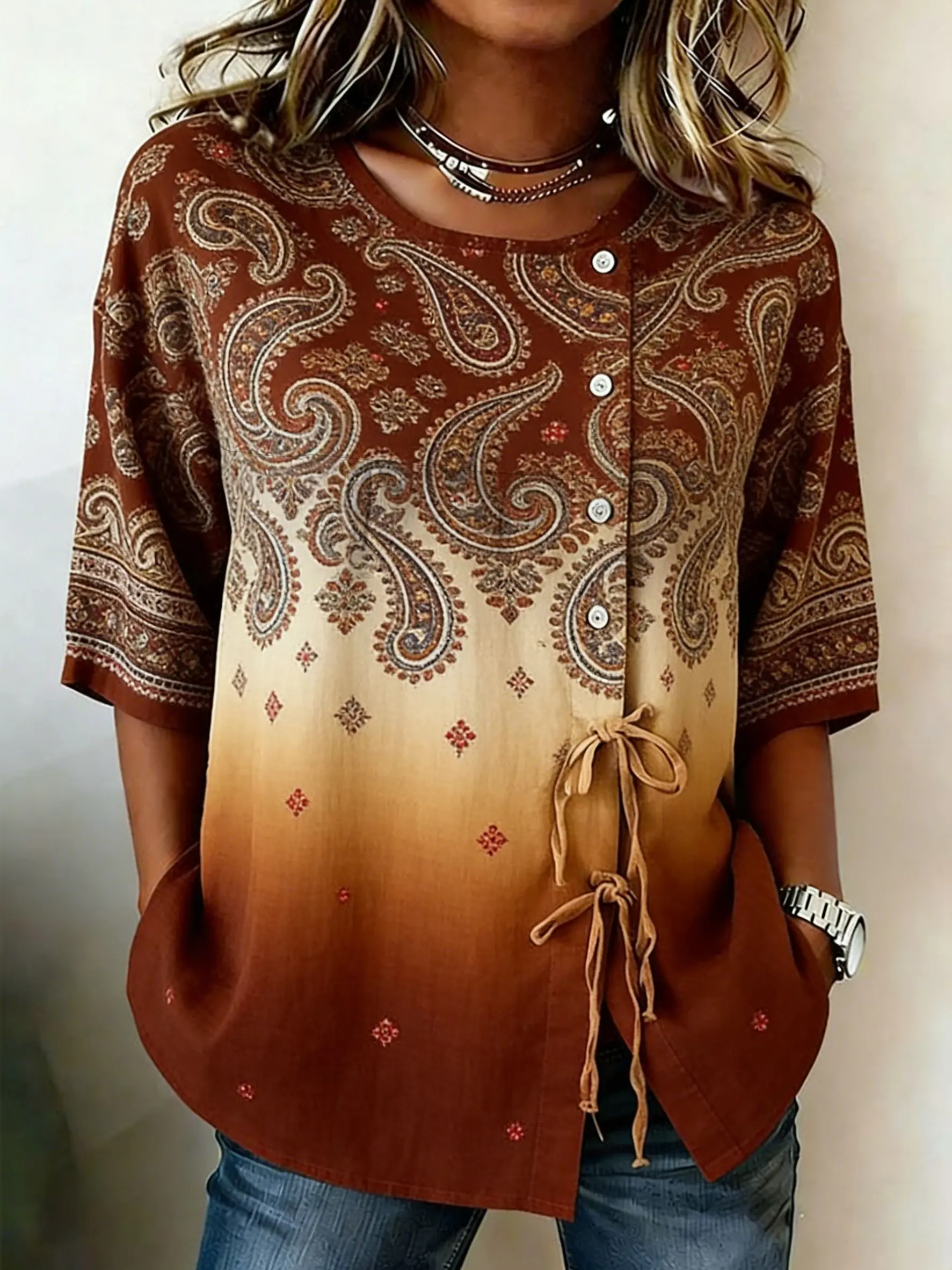 Women's Ombre Paisley Print Drawstring Button Up Blouse, Bohemian Style Round Neck Tops for Spring Summer Daily Wear
Women's Ombre Paisley Print Drawstring Button Up Blouse, Bohemian Style Round Neck Tops for Spring Summer Daily Wear