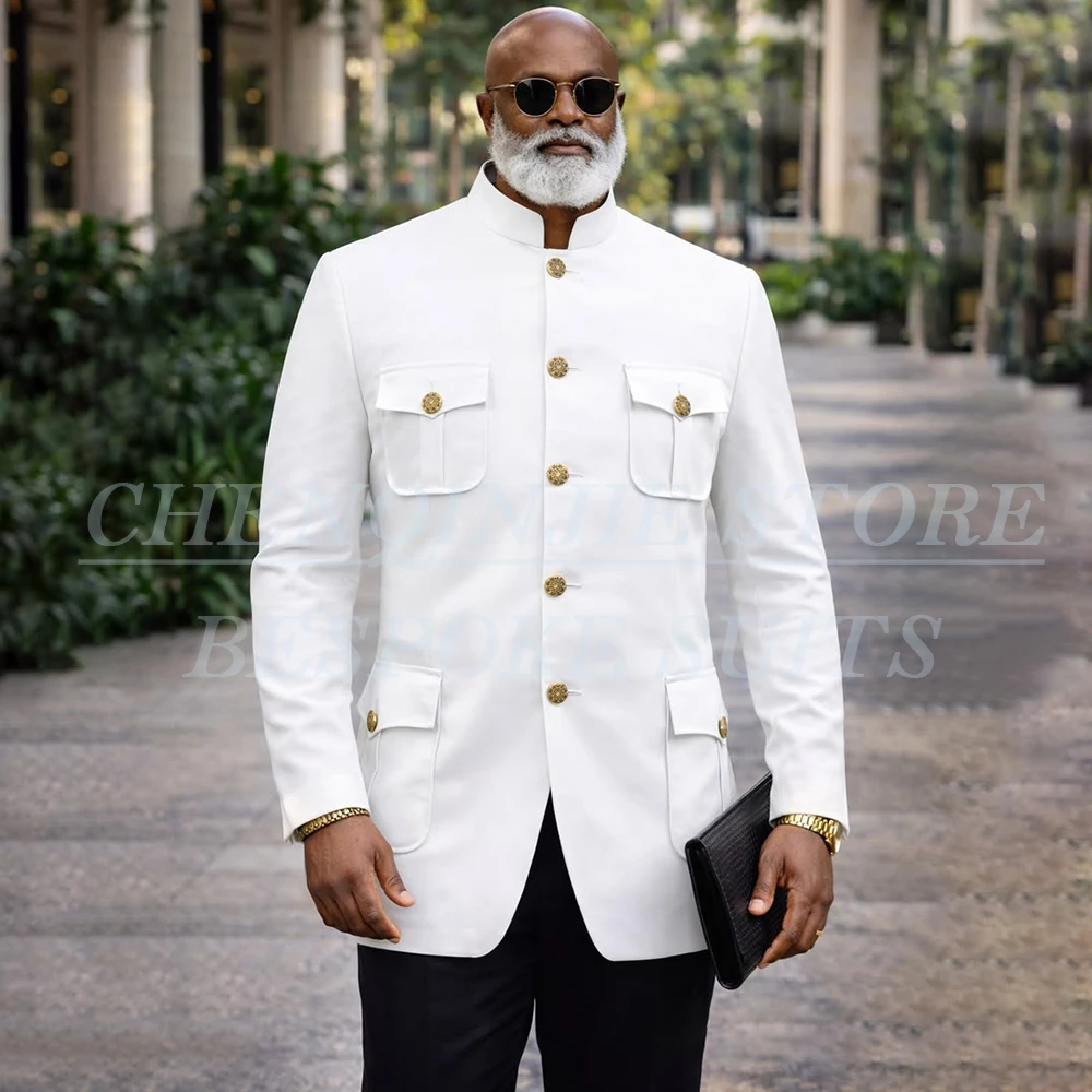 High Quality Men's Suits Safari White Jacket With Black Pants Sets 2 Piece Formal Single Breasted Stand Lapel Blazer Costume
High Quality Men's Suits Safari White Jacket With Black Pants Sets 2 Piece Formal Single Breasted Stand Lapel Blazer Costume
