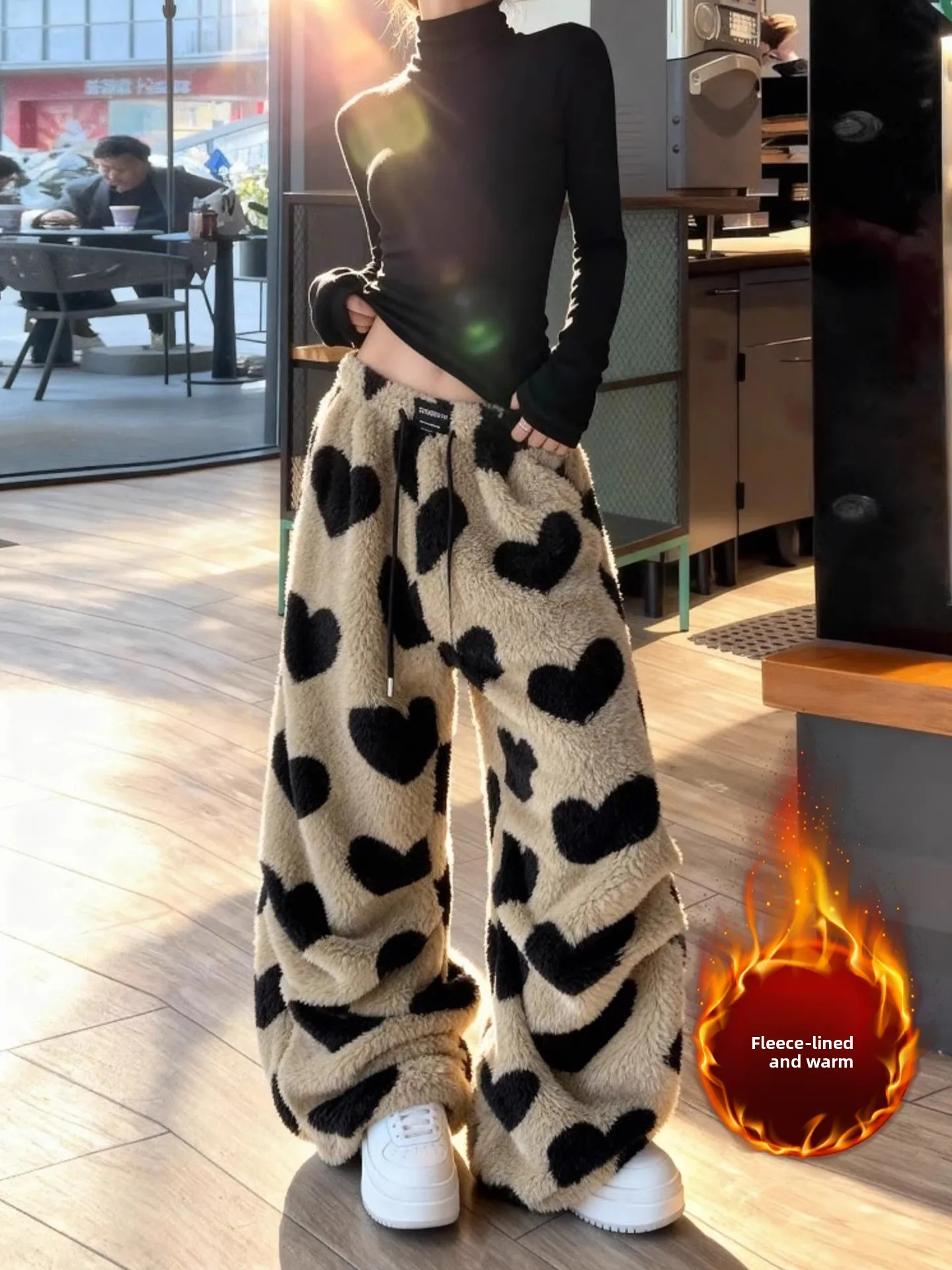 Thickened Fleece High Waist Wide Leg Pants Women's Lazy Style Casual Trousers Heart Long Pants Polyester Fiber Winter Wear
Thickened Fleece High Waist Wide Leg Pants Women's Lazy Style Casual Trousers Heart Long Pants Polyester Fiber Winter Wear