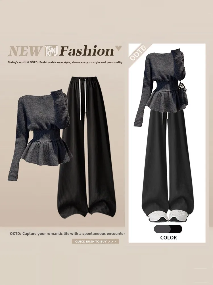 Korean Style Fashionable Knitted Skirt And Wide Leg Pants Set Women's Autumn Winter New Slimming Casual Two Piece Set
Korean Style Fashionable Knitted Skirt And Wide Leg Pants Set Women's Autumn Winter New Slimming Casual Two Piece Set