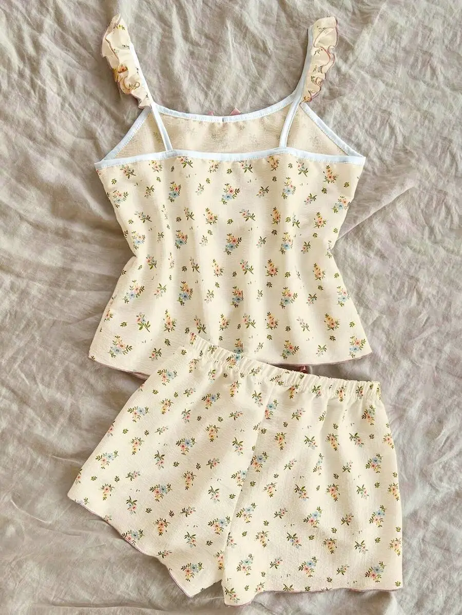Womens Ditsy Floral Pajama Set With Backless Camisole And Belted Shorts
Womens Ditsy Floral Pajama Set With Backless Camisole And Belted Shorts