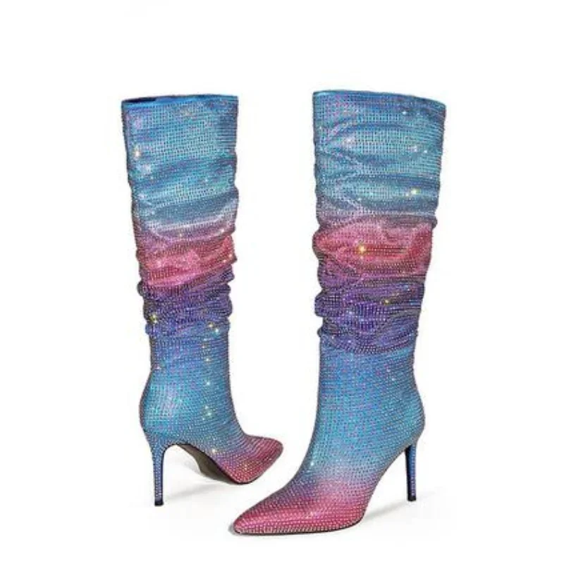 Mixed Colors Bling Pleated Women Boots Knee-high Pointed Toe Thin Super High Heel Patchwork Slip-on Autum Winter Women Shoes
Mixed Colors Bling Pleated Women Boots Knee-high Pointed Toe Thin Super High Heel Patchwork Slip-on Autum Winter Women Shoes