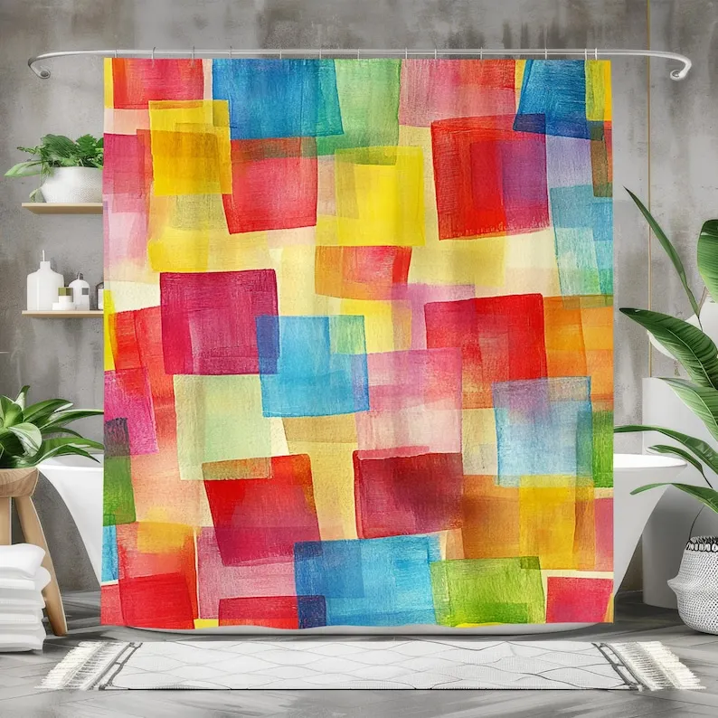 Colorful Shower Curtain Abstract Bath Curtain Waterproof Fabric Bathroom Decor with Geometric Squares Red Yellow Green Design
Colorful Shower Curtain Abstract Bath Curtain Waterproof Fabric Bathroom Decor with Geometric Squares Red Yellow Green Design