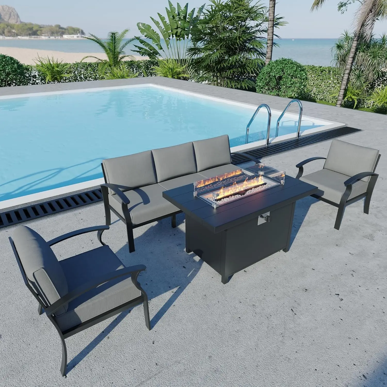 Aluminum Outdoor Patio Furniture Set,4 Pieces 5 Seats Patio Conversation Sets with 45" Propane Fire Pit Table,Metal, Customized
Aluminum Outdoor Patio Furniture Set,4 Pieces 5 Seats Patio Conversation Sets with 45" Propane Fire Pit Table,Metal, Customized