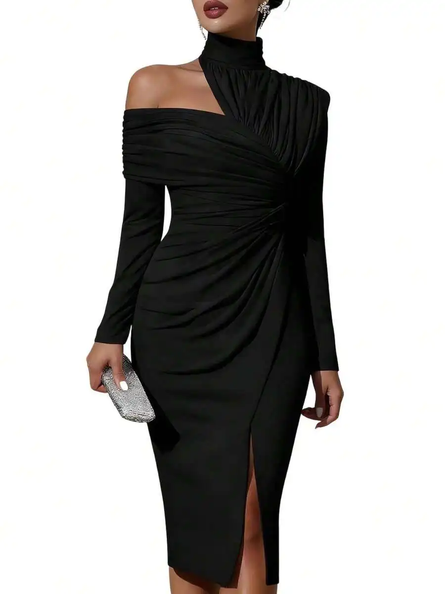 Black High Neck Asymmetrical Off-Shoulder Long Sleeve Ruched Wrap Dress With Side Slit And Draped Detail
Black High Neck Asymmetrical Off-Shoulder Long Sleeve Ruched Wrap Dress With Side Slit And Draped Detail
