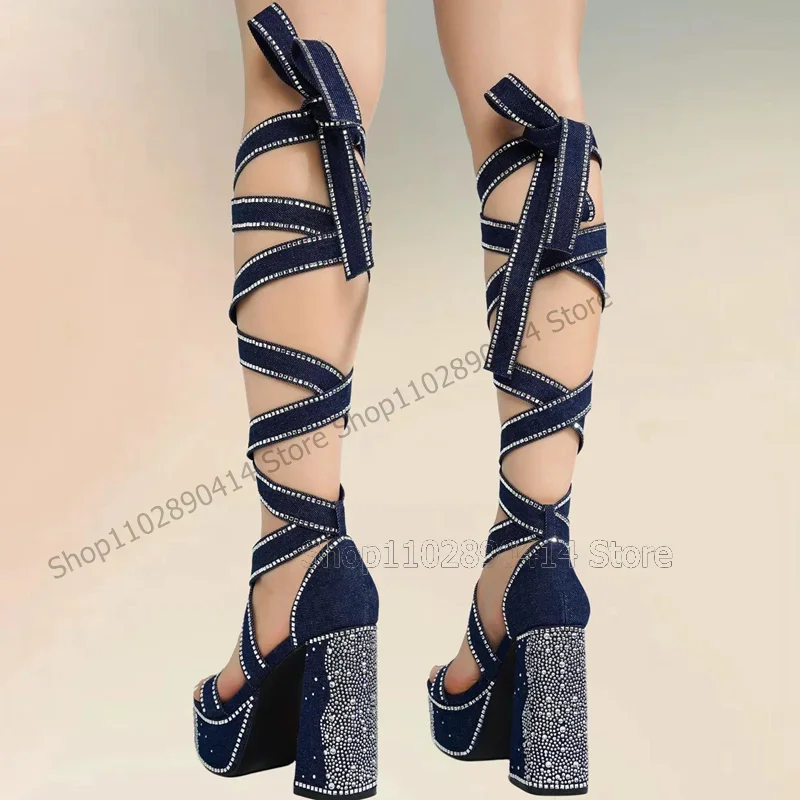 Blue Denim Rhinestone Decor Platform Sandals Boots Lace Up Women Shoes Chunky High Heels Open Toe Novel 2026 Zapatos Para Mujere
Blue Denim Rhinestone Decor Platform Sandals Boots Lace Up Women Shoes Chunky High Heels Open Toe Novel 2026 Zapatos Para Mujere