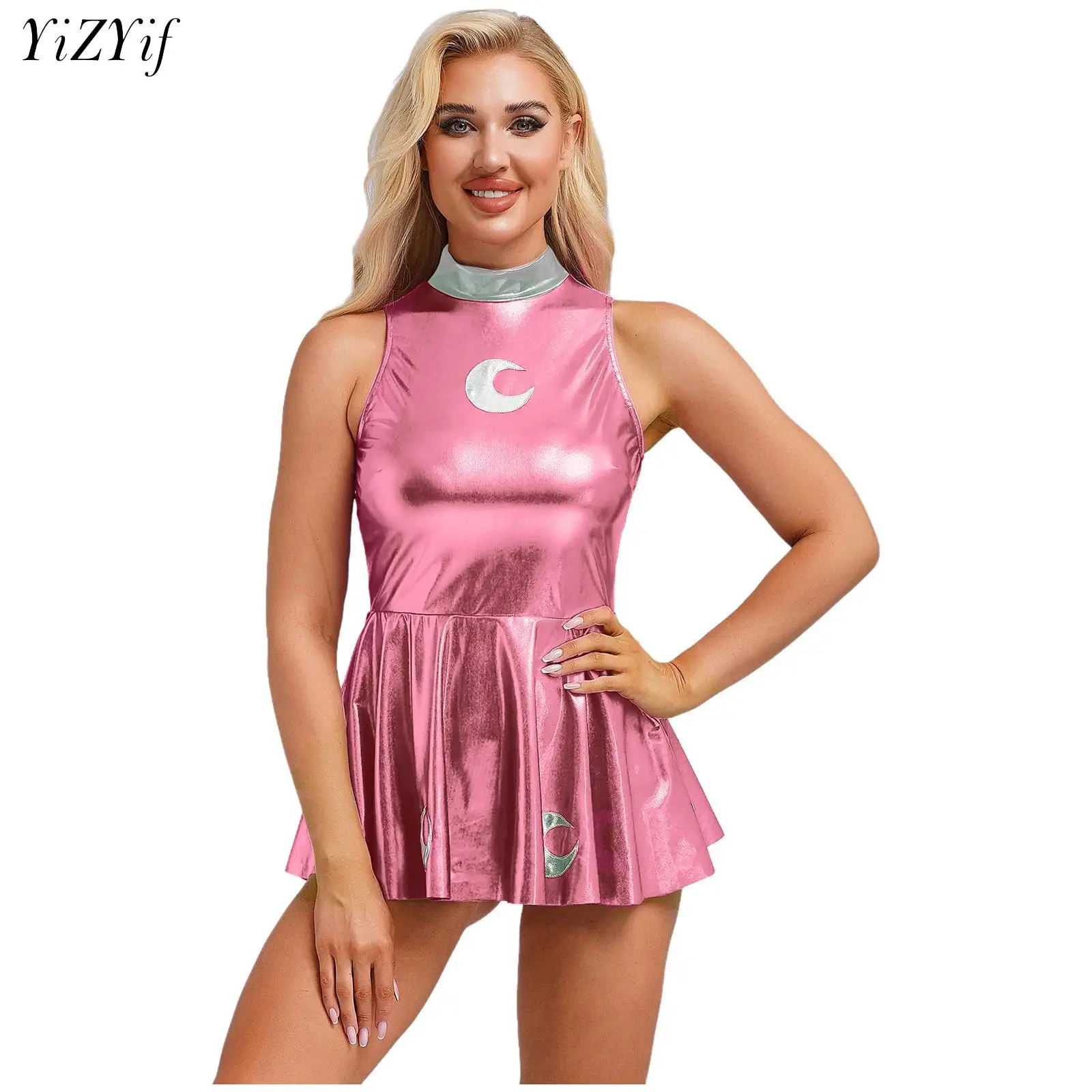Women Y2K Holographic Metallic Mini Glossy Dress Noble Prom Gown Sleeveless Moon Applique A-line Dress Party Club Rave Wear
Women Y2K Holographic Metallic Mini Glossy Dress Noble Prom Gown Sleeveless Moon Applique A-line Dress Party Club Rave Wear