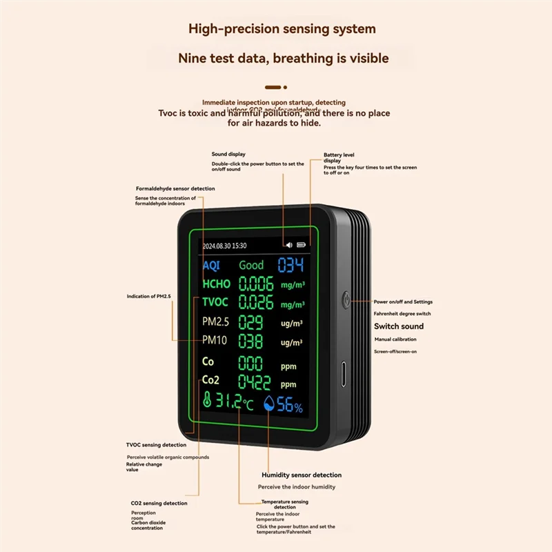 ABDJ-12 In 1 Air Quality Tester Temperature/Humidity /Time/CO/CO2/Curve/TVOC/AQI/PM2.5/PM10/Formaldehyde With Bracket
ABDJ-12 In 1 Air Quality Tester Temperature/Humidity /Time/CO/CO2/Curve/TVOC/AQI/PM2.5/PM10/Formaldehyde With Bracket