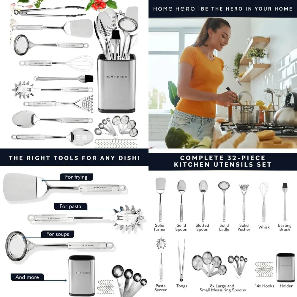 32-Piece Silver Stainless Steel Kitchen Tool Set with Heat-Resistant Silicone and Measuring Cups
32-Piece Silver Stainless Steel Kitchen Tool Set with Heat-Resistant Silicone and Measuring Cups
