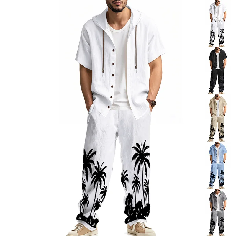 Summer linen loose men's beach casual print hooded short-sleeved shirt trousers suit men
Summer linen loose men's beach casual print hooded short-sleeved shirt trousers suit men