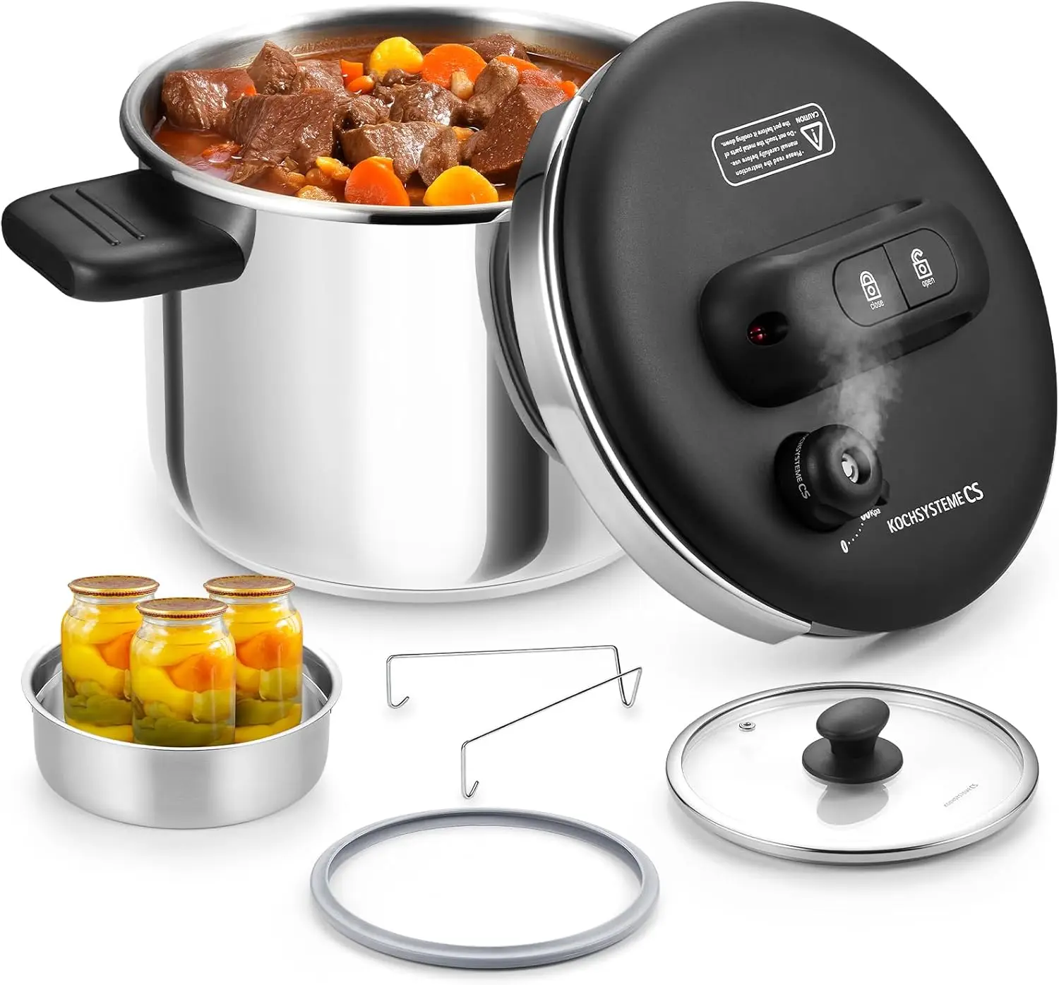 6.3QT Stainless Steel Pressure Cooker, 3-in-1, Induction Compatible, with Glass Lid & Steamer
6.3QT Stainless Steel Pressure Cooker, 3-in-1, Induction Compatible, with Glass Lid & Steamer