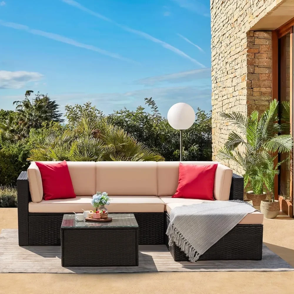 5 Piece Patio Conversation Set Wicker Rattan Furniture Outdoor Sofa with Cushions,Pillows & Glass Table for Porch,Lawn and Yard
5 Piece Patio Conversation Set Wicker Rattan Furniture Outdoor Sofa with Cushions,Pillows & Glass Table for Porch,Lawn and Yard