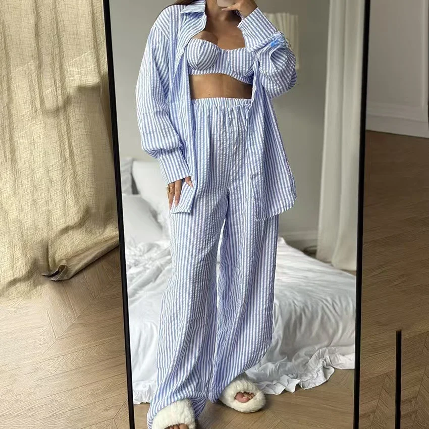 Loose Stripe Shirt Vest Pants Three Piece Set Home Clothes European Style Long Sleeve Button Closure Wide Leg Pants Autumn Wear
Loose Stripe Shirt Vest Pants Three Piece Set Home Clothes European Style Long Sleeve Button Closure Wide Leg Pants Autumn Wear