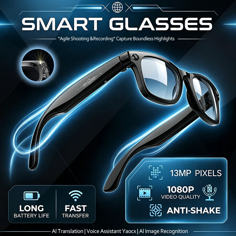 AI Smart Glasses 13MP Camera WIFI Transfer Voice Wake-up AI Translation Recording IP66 No Wind Rain Wireless Call Smart Glasses
AI Smart Glasses 13MP Camera WIFI Transfer Voice Wake-up AI Translation Recording IP66 No Wind Rain Wireless Call Smart Glasses