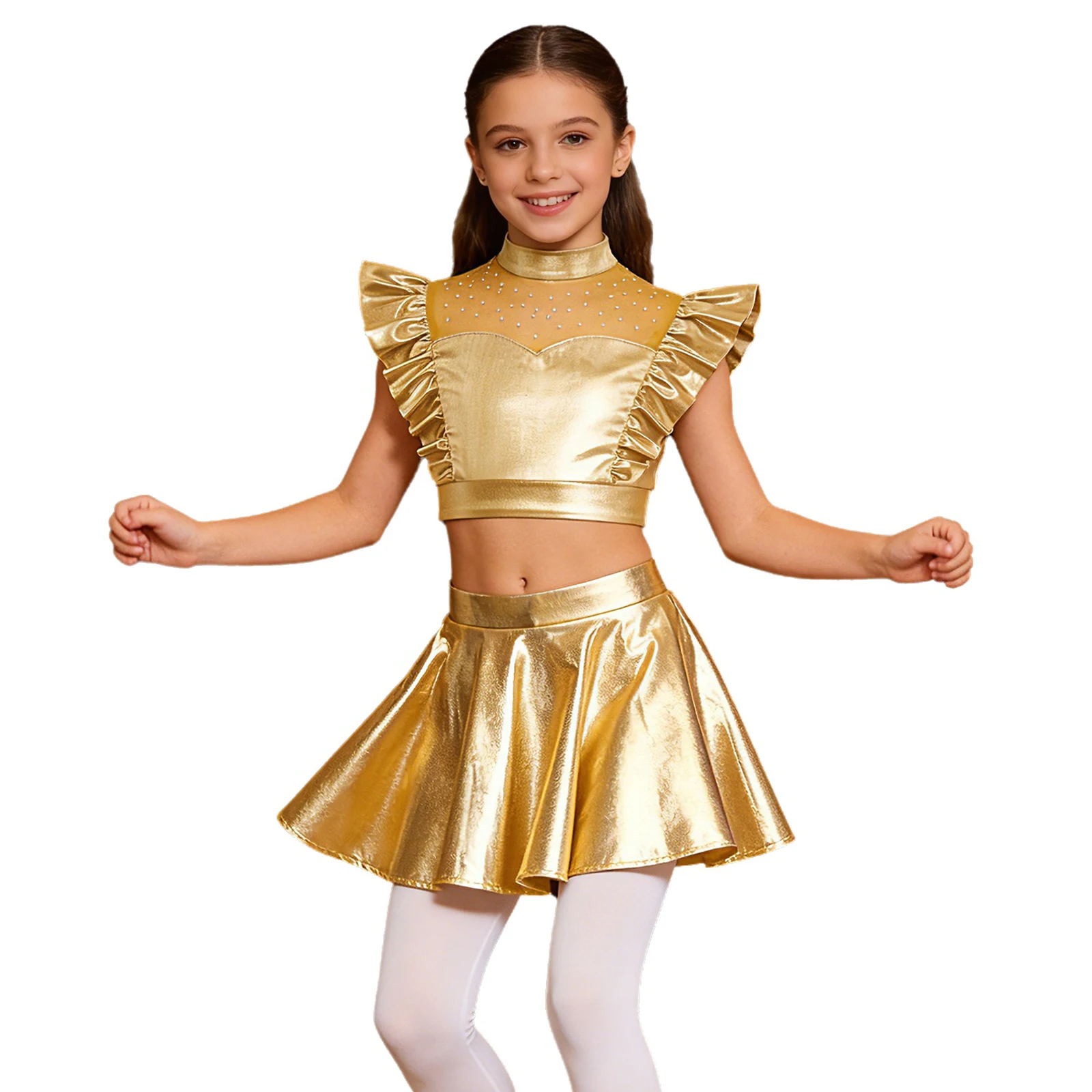 Kids Girls Jazz Dance Outfit Mock Neck Rhinestone Mesh Sleeveless Metallic Ruffle Crop Top with Elastic Waistband Flared Skirt
Kids Girls Jazz Dance Outfit Mock Neck Rhinestone Mesh Sleeveless Metallic Ruffle Crop Top with Elastic Waistband Flared Skirt