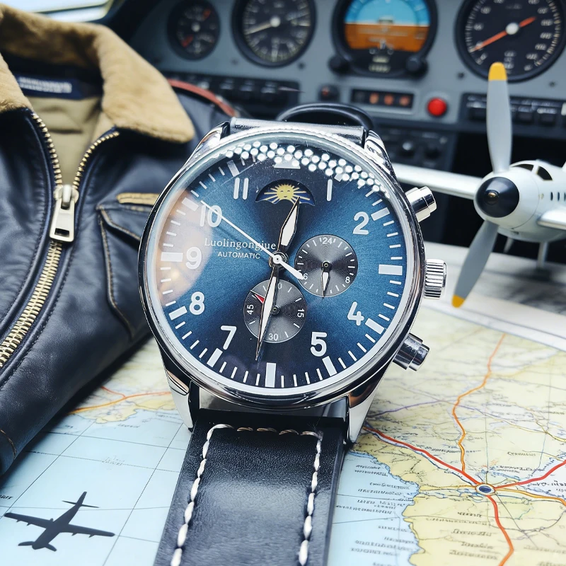 Pilot-Style Men's Automatic Mechanical Watch with Skeleton Case Back, Round Dial, Moon Phase Chronograph, Leather Strap, Luminous Watch, Waterproof Sports Watch, Business Gift, with Decorative Up-And-Down Buttons
Pilot-Style Men's Automatic Mechanical Watch with Skeleton Case Back, Round Dial, Moon Phase Chronograph, Leather Strap, Luminous Watch, Waterproof Sports Watch, Business Gift, with Decorative Up-And-Down Buttons