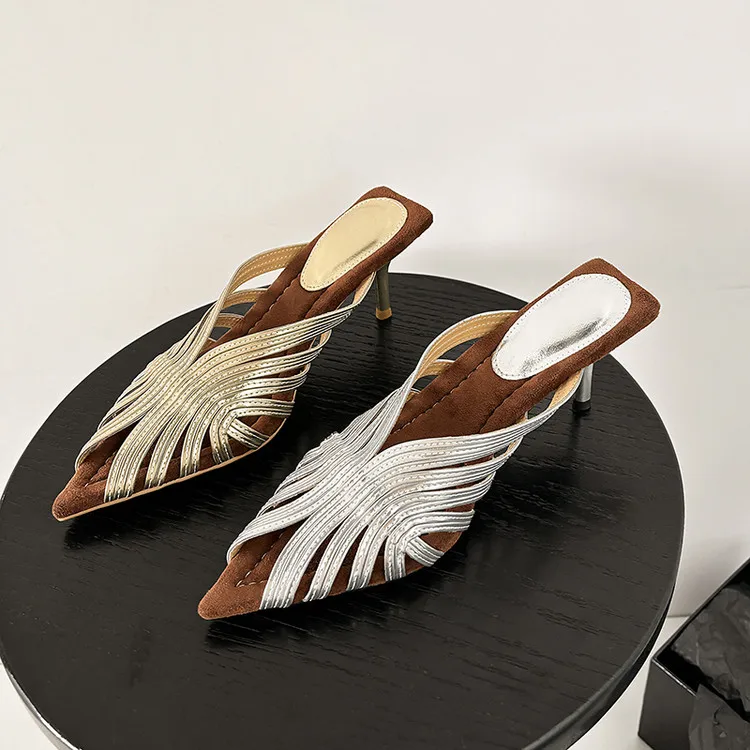 Gold Narrow Strap Women Slippers Pointed Toe Hollow Out Summer Beach Slides 7cm Iron Thin High Heels Flip Flops Silver Slides
Gold Narrow Strap Women Slippers Pointed Toe Hollow Out Summer Beach Slides 7cm Iron Thin High Heels Flip Flops Silver Slides