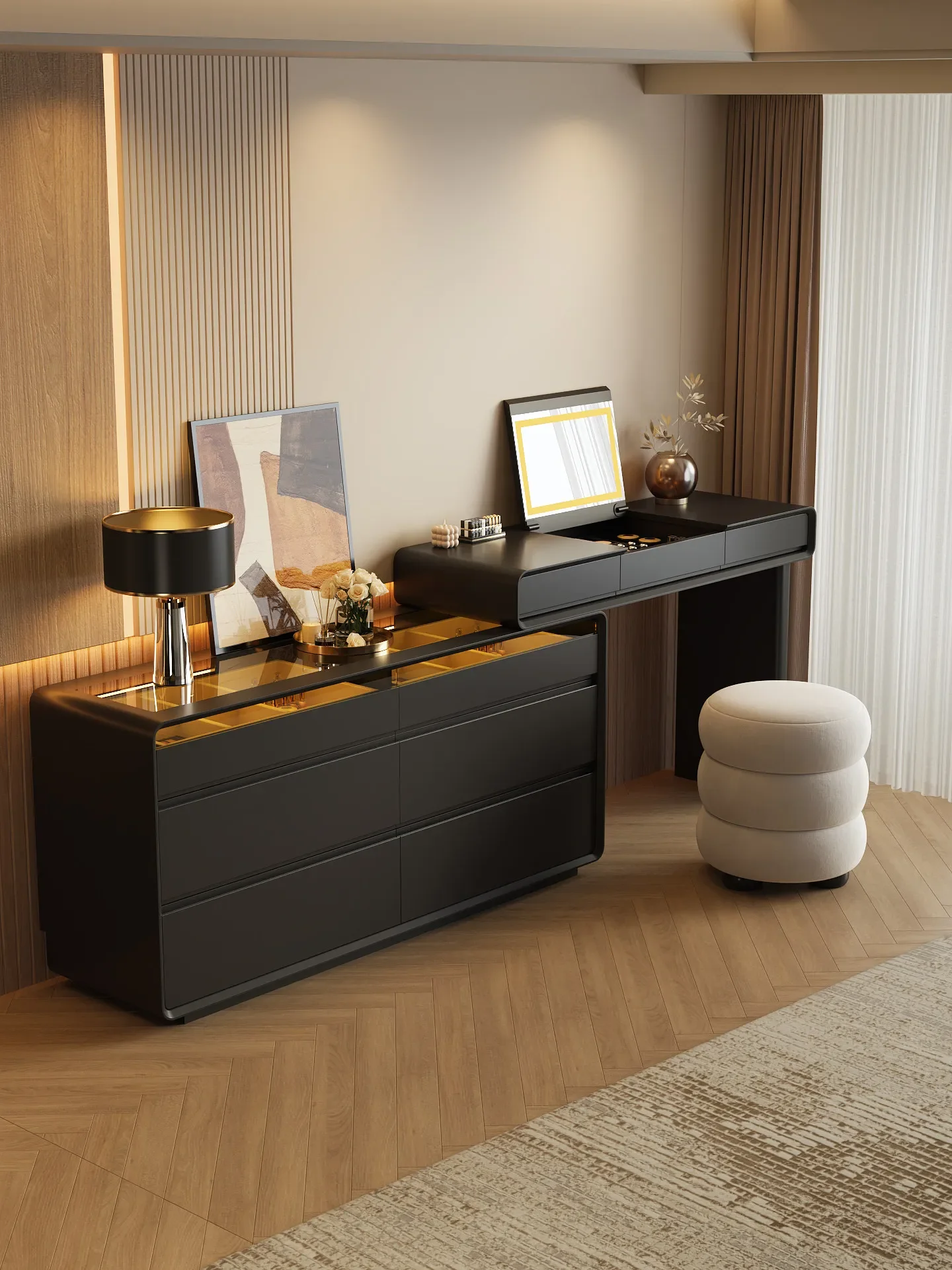 DSA bedroom modern simple high-end makeup table, bedside black dresser, chest, integrated storage cabinet
DSA bedroom modern simple high-end makeup table, bedside black dresser, chest, integrated storage cabinet