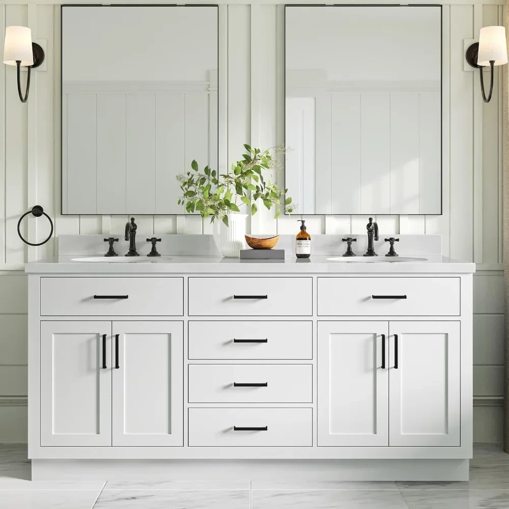 73" Double Vanity, 1.5" Edge Pure White Quartz Countertop & Splash, Oval Sinks, 4 Soft Closing Doors, Bathroom Cabinets 
73" Double Vanity, 1.5" Edge Pure White Quartz Countertop & Splash, Oval Sinks, 4 Soft Closing Doors, Bathroom Cabinets
