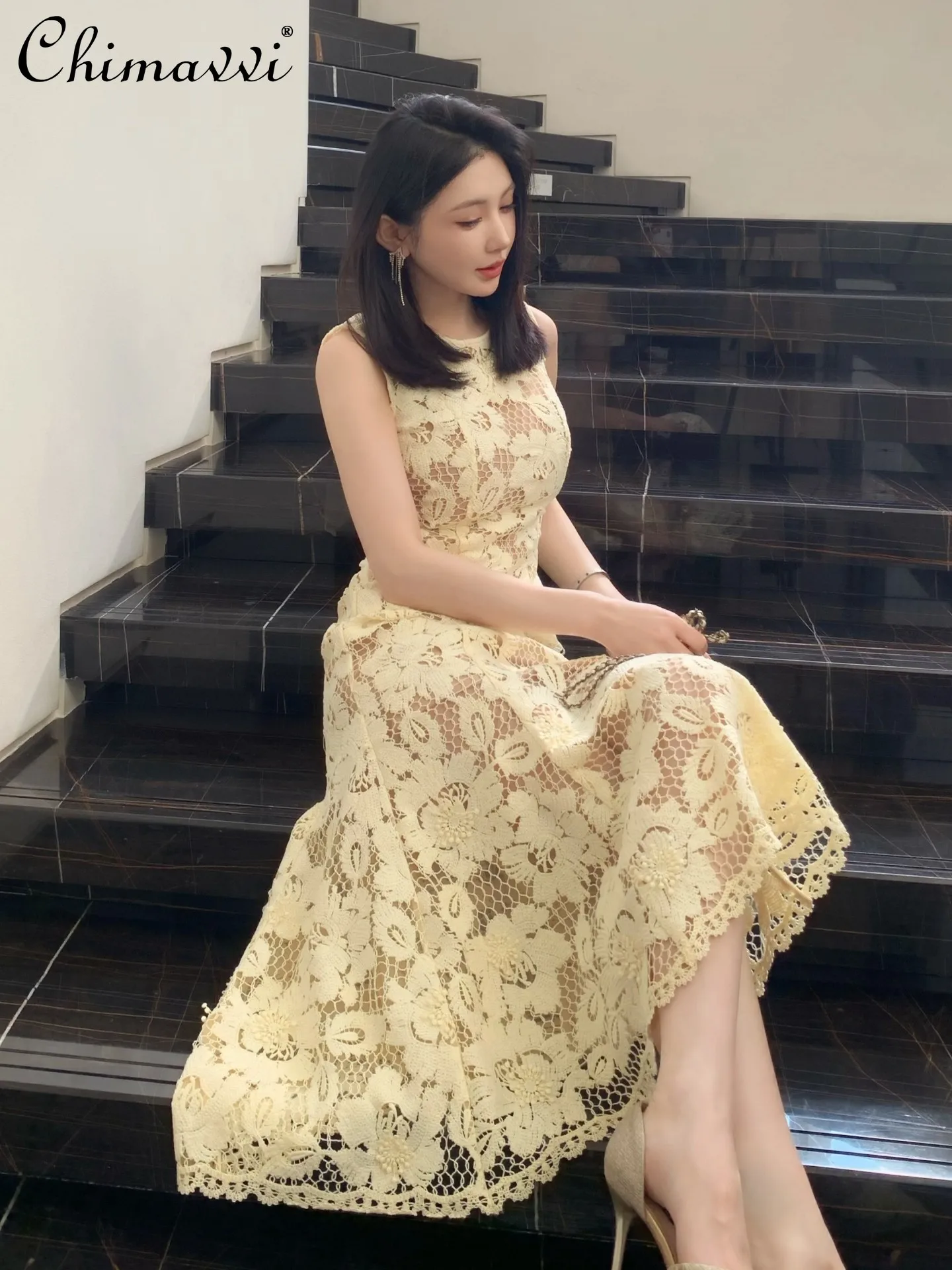 French Romantic Seaside Vacation Lemon Yellow Lace Sleeveless Round Neck Dress Spring Summer New Women's Elegant Long Dress
French Romantic Seaside Vacation Lemon Yellow Lace Sleeveless Round Neck Dress Spring Summer New Women's Elegant Long Dress